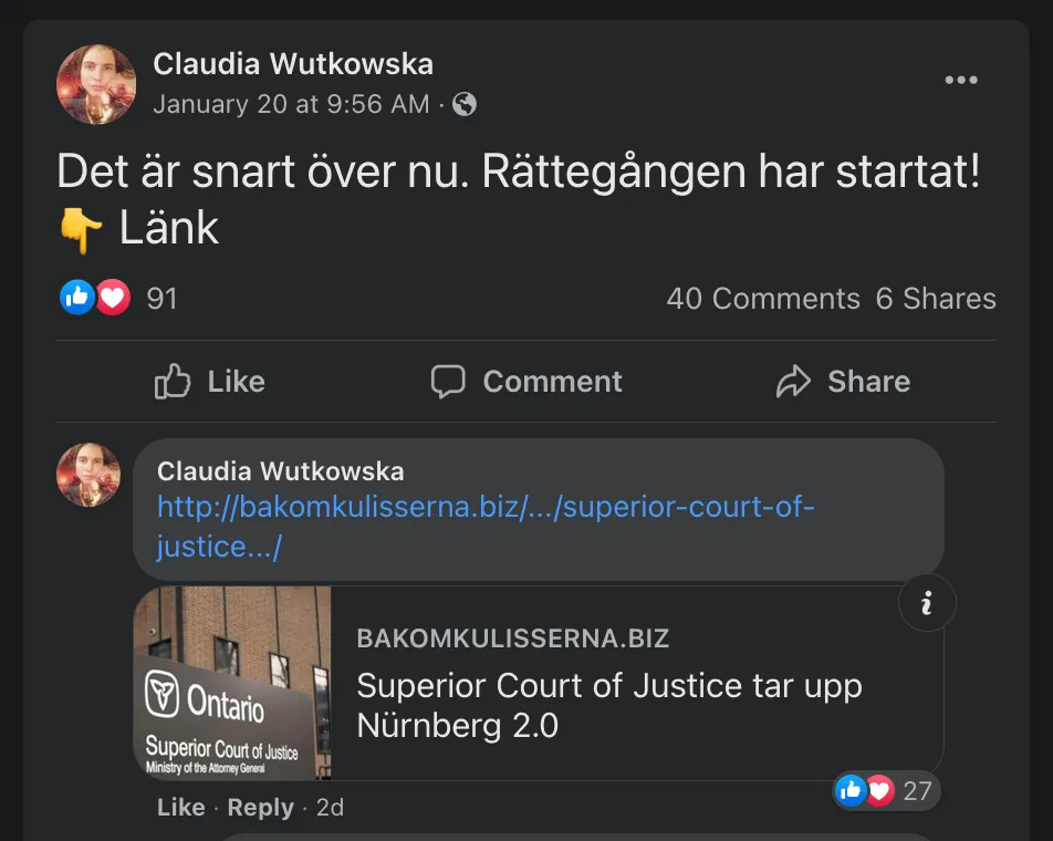 Skärmdump från Claudias Facebook där hon sprider konspirationsteorier