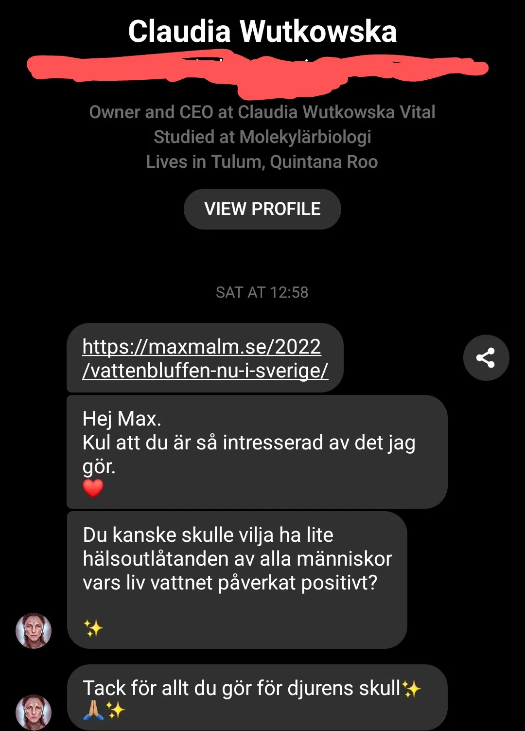 Skärmdump från Messenger där Claudia skriver att hon förlåter mig